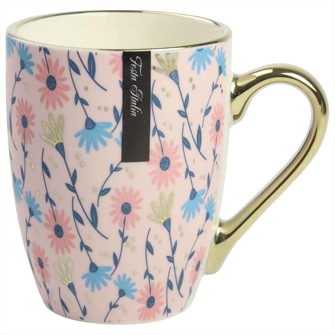 KUBEK PORCEL.350ML ZŁOTY/RÓŻOWY KWIATY PL24006R