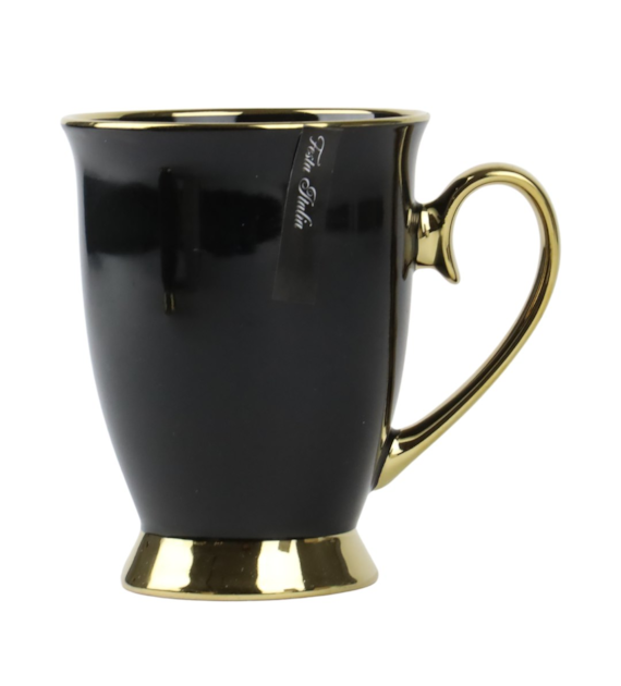 KUBEK PORCELANOWY ZŁOTA STOPKA CZARNY N23088CZ